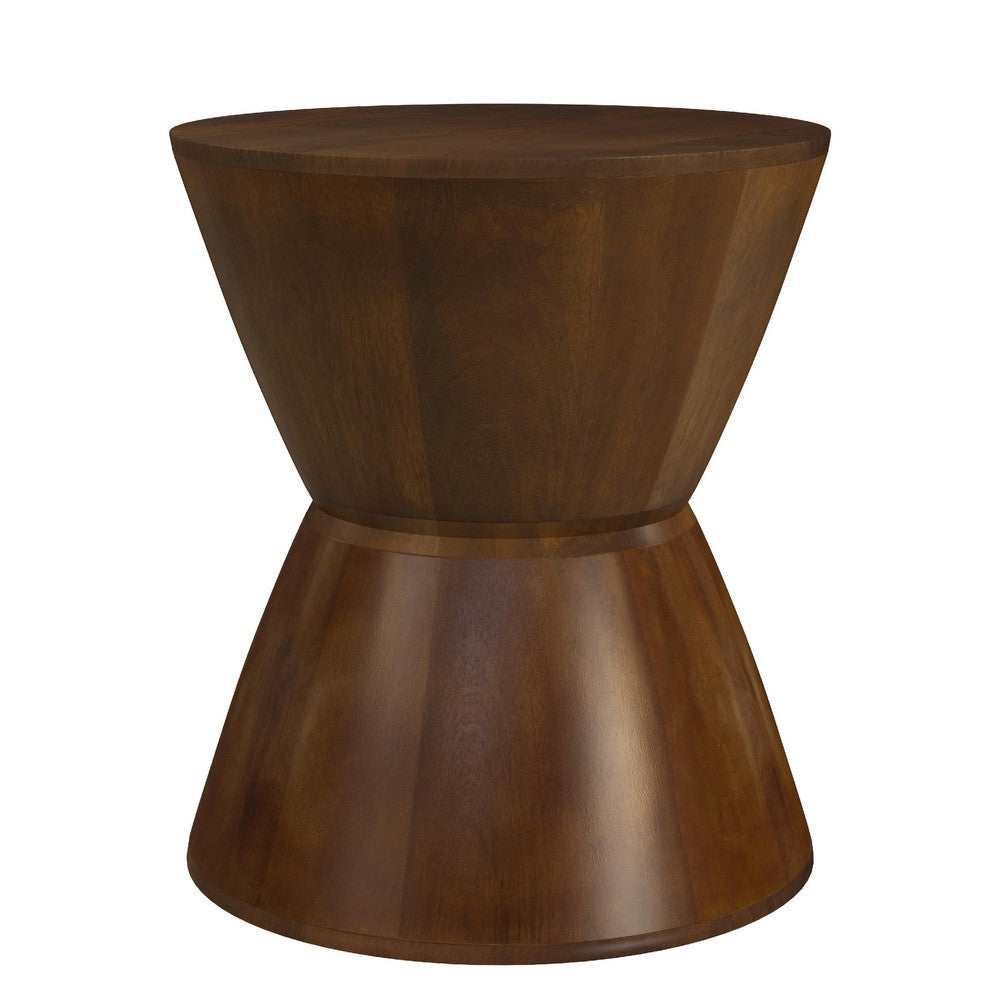 Accent Side Table, 16 Inch Round Brown Mango Wood, Hourglass Design