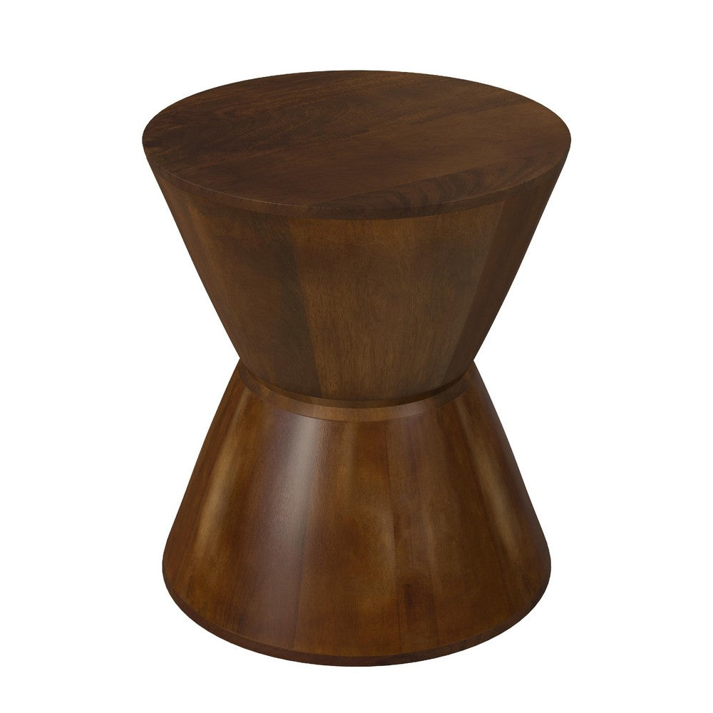 Accent Side Table, 16 Inch Round Brown Mango Wood, Hourglass Design