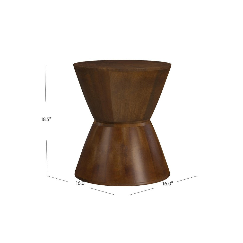 Accent Side Table, 16 Inch Round Brown Mango Wood, Hourglass Design