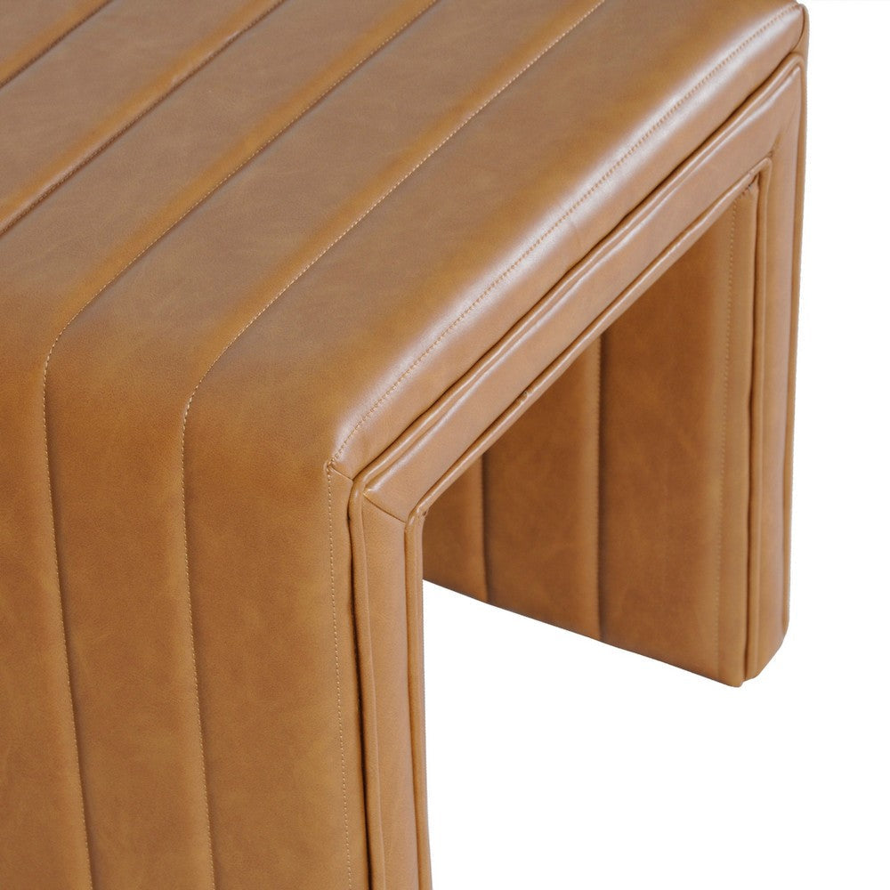 Ada Footstool Ottoman, Channel Tuft Caramel Brown Faux Leather 19 Inch