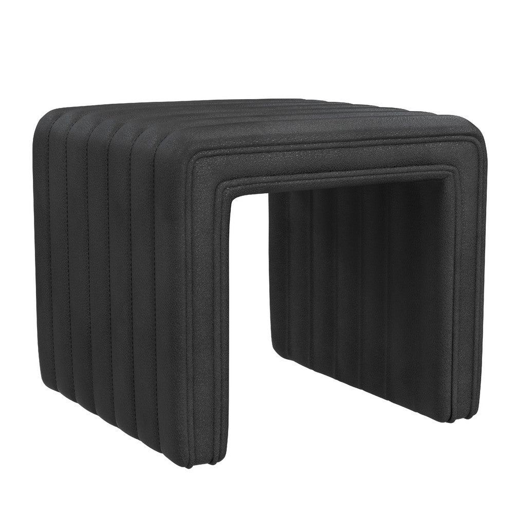 Ada Footstool Ottoman, Channel Tufted Black Faux Leather, 19 Inch