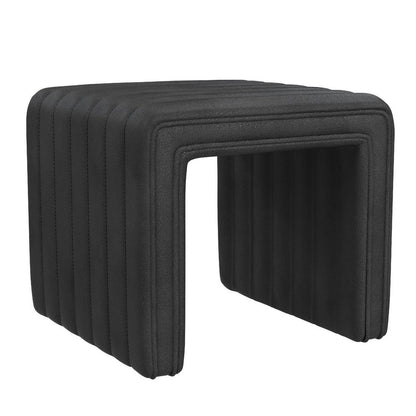 Ada Footstool Ottoman, Channel Tufted Black Faux Leather, 19 Inch