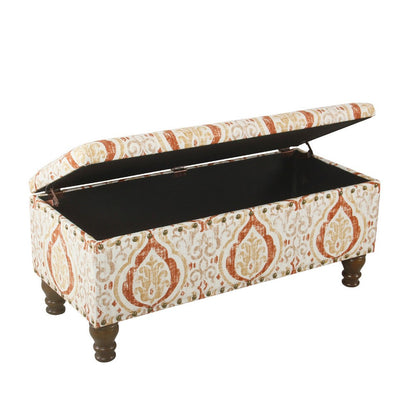 Ava Storage Accent Bench, 42 Inch Orange and Cream Medallion Design