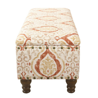 Ava Storage Accent Bench, 42 Inch Orange and Cream Medallion Design