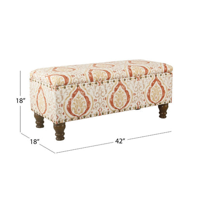 Ava Storage Accent Bench, 42 Inch Orange and Cream Medallion Design