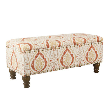 Ava Storage Accent Bench, 42 Inch Orange and Cream Medallion Design