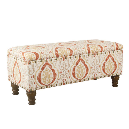 Ava Storage Accent Bench, 42 Inch Orange and Cream Medallion Design