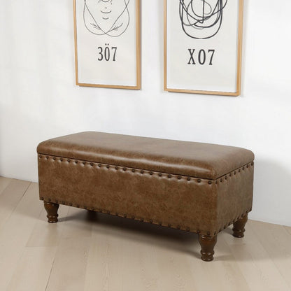 Ava Accent Storage Bench, Distressed Brown Faux Leather, 42 Inch