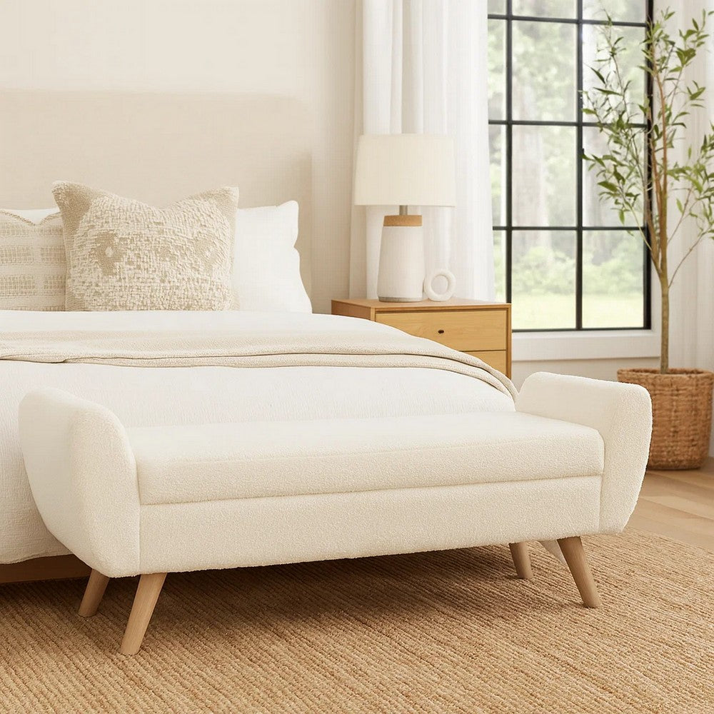 Rae Storage Bench Ottoman with Arms, Cream Sherpa, Brown, 60 Inch
