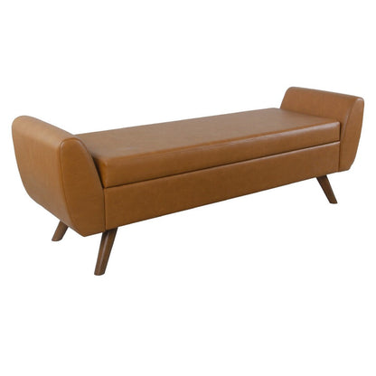 Rae Storage Bench Ottoman with Arms, Brown Faux Leather, Wood, 60 Inch