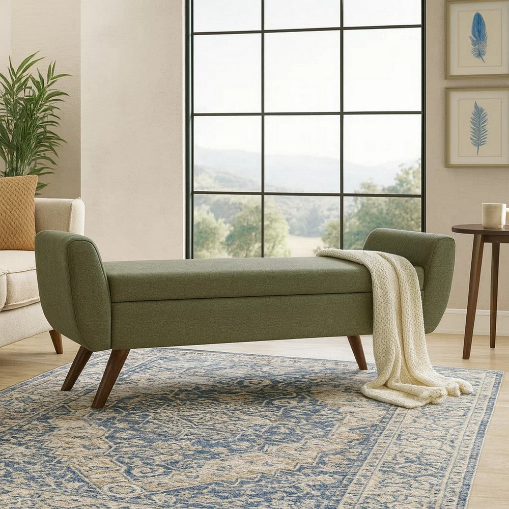 Rae Storage Bench Ottoman with Arms, Olive Green Woven Fabric, 60 Inch