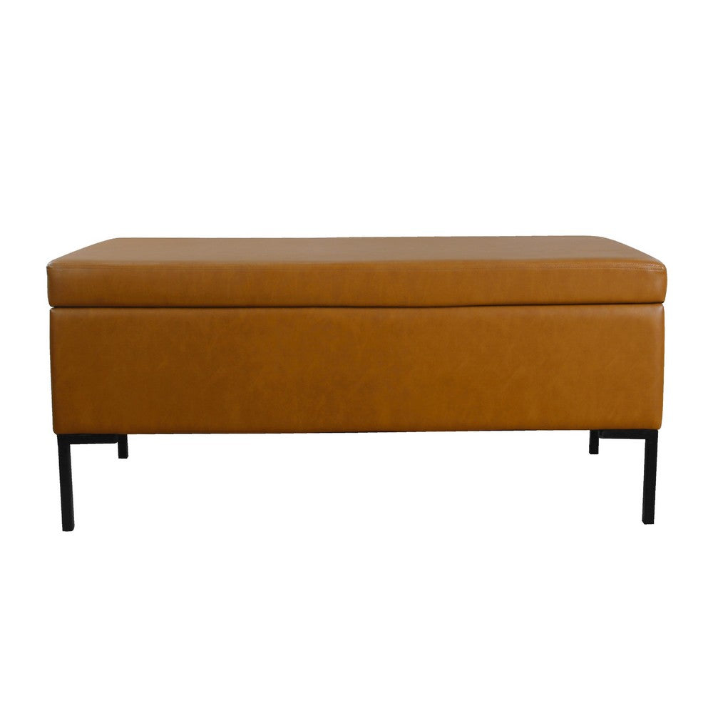 Ray Storage Bench Ottoman, Caramel Brown Faux Leather, Black, 42 Inch