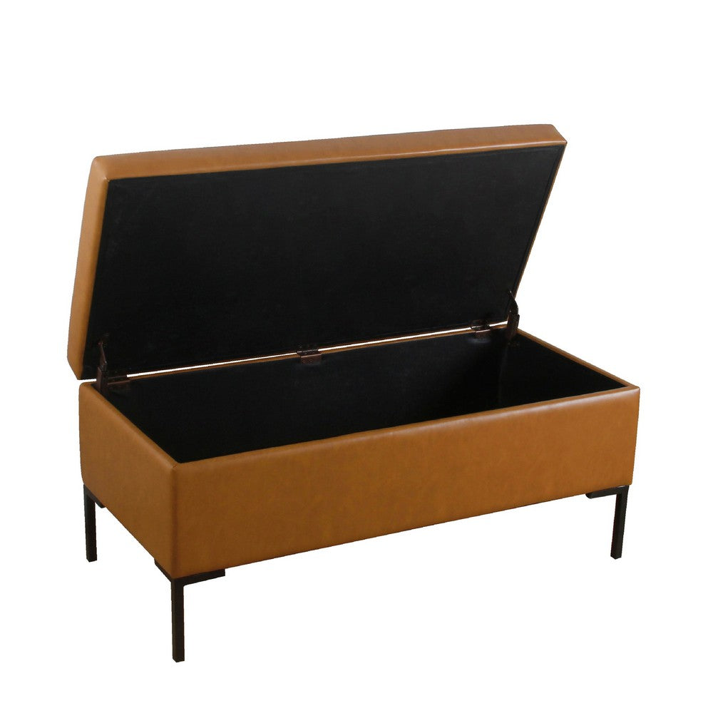 Ray Storage Bench Ottoman, Caramel Brown Faux Leather, Black, 42 Inch