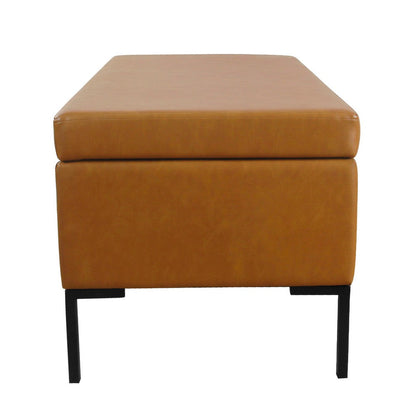 Ray Storage Bench Ottoman, Caramel Brown Faux Leather, Black, 42 Inch