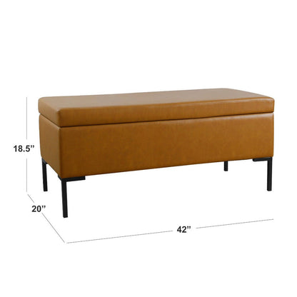 Ray Storage Bench Ottoman, Caramel Brown Faux Leather, Black, 42 Inch