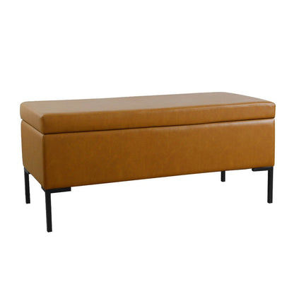 Ray Storage Bench Ottoman, Caramel Brown Faux Leather, Black, 42 Inch