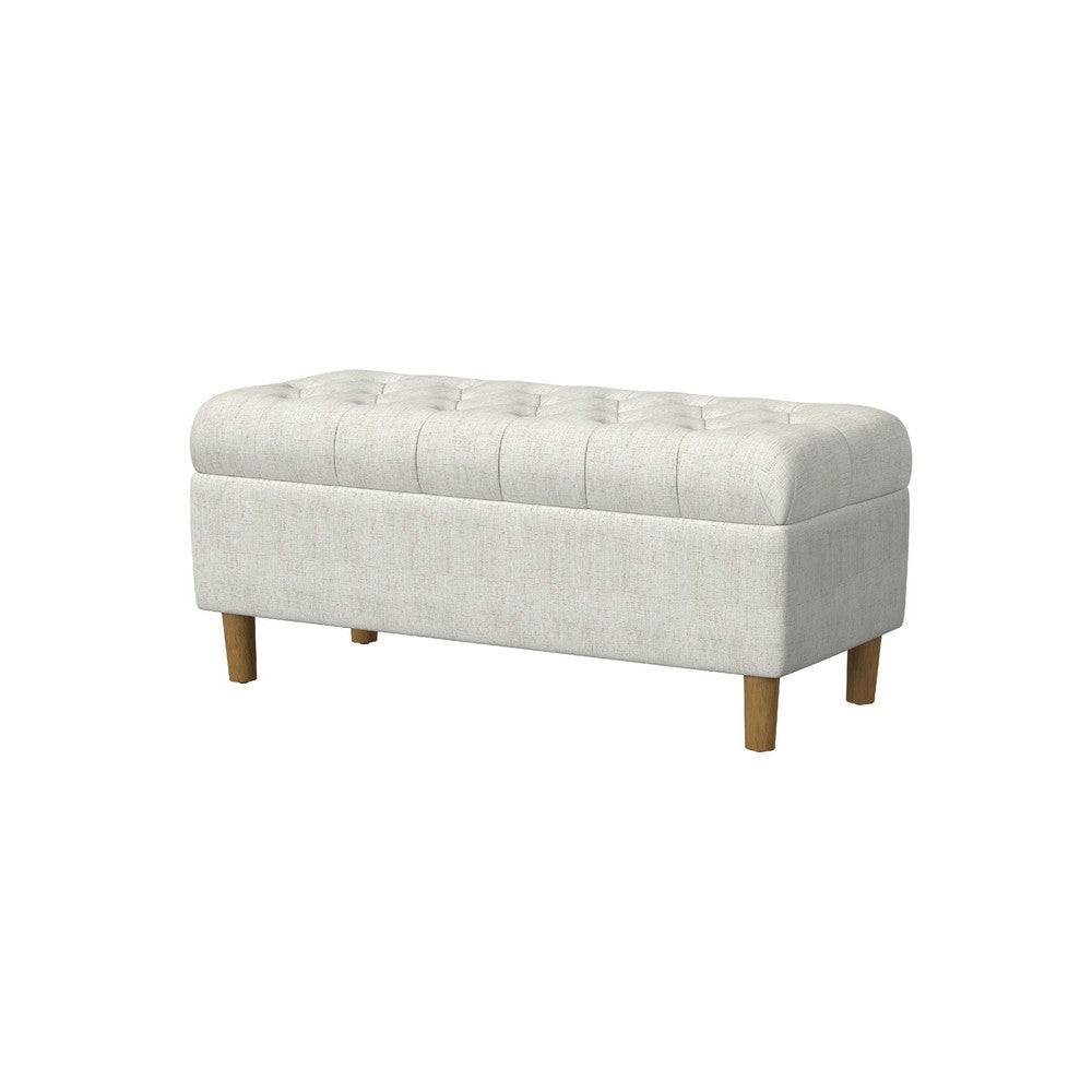 Sol Storage Bench Ottoman, Cream Woven Fabric, Brown Wood, 40 Inch