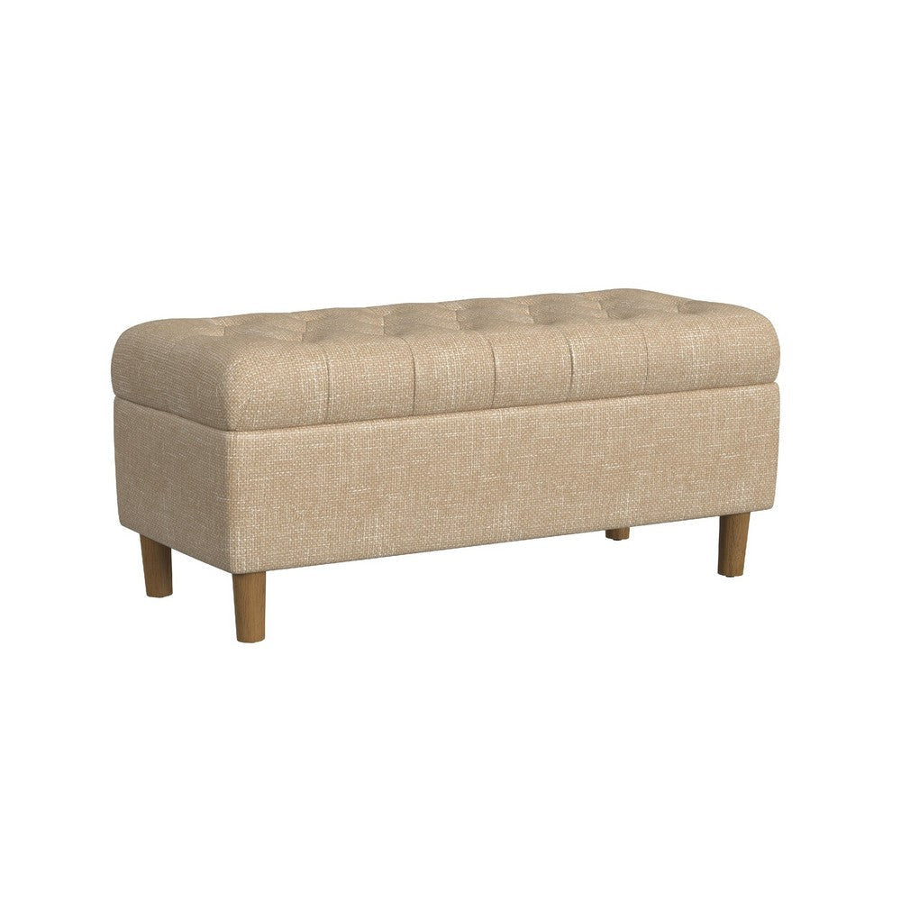 Sol Storage Bench Ottoman, Cream Woven Fabric, Brown Wood, 40 Inch