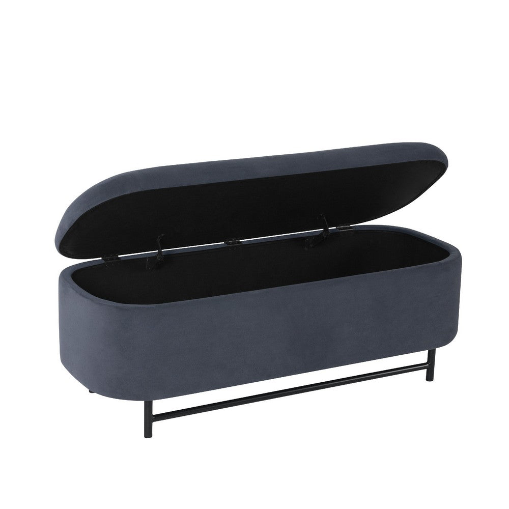 Pat Storage Bench Ottoman, Steel Blue Velvet, Black Metal, 46 Inch