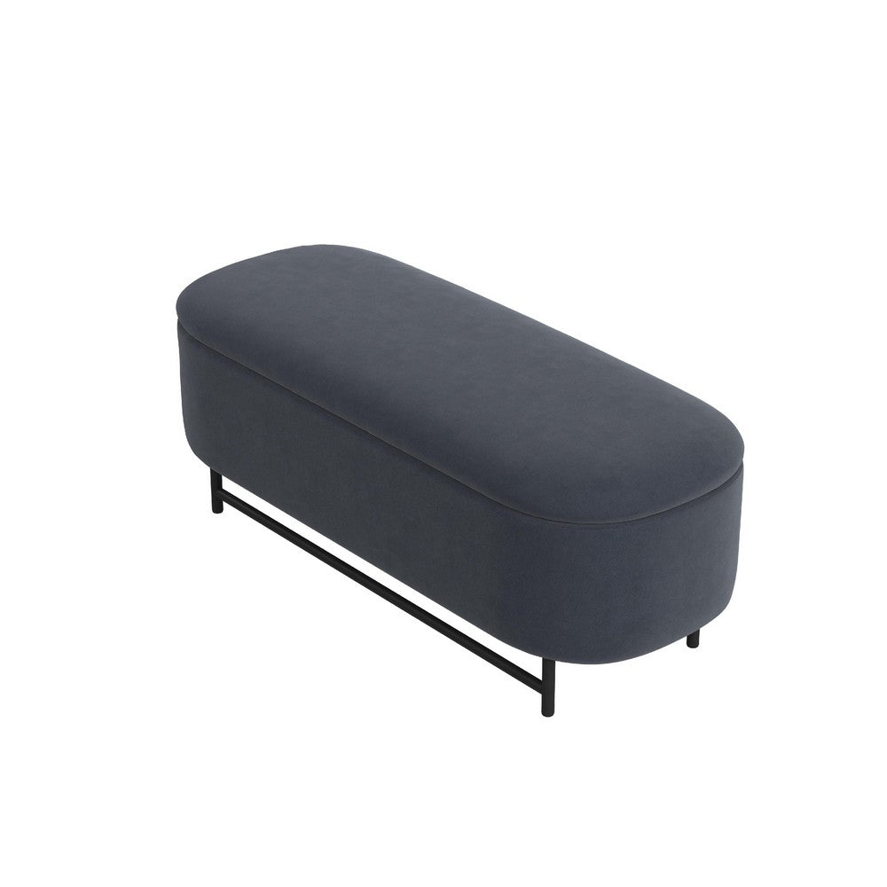Pat Storage Bench Ottoman, Steel Blue Velvet, Black Metal, 46 Inch