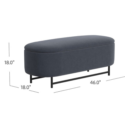 Pat Storage Bench Ottoman, Steel Blue Velvet, Black Metal, 46 Inch