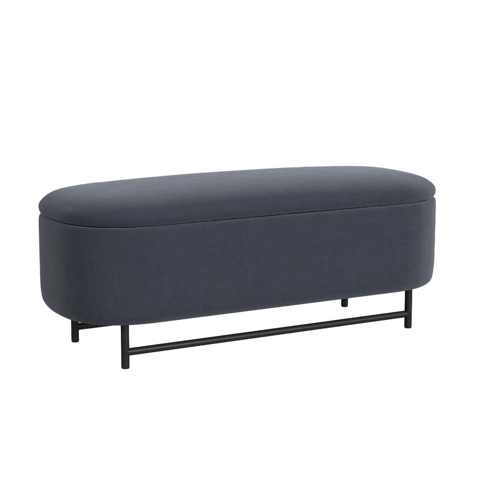 Pat Storage Bench Ottoman, Steel Blue Velvet, Black Metal, 46 Inch