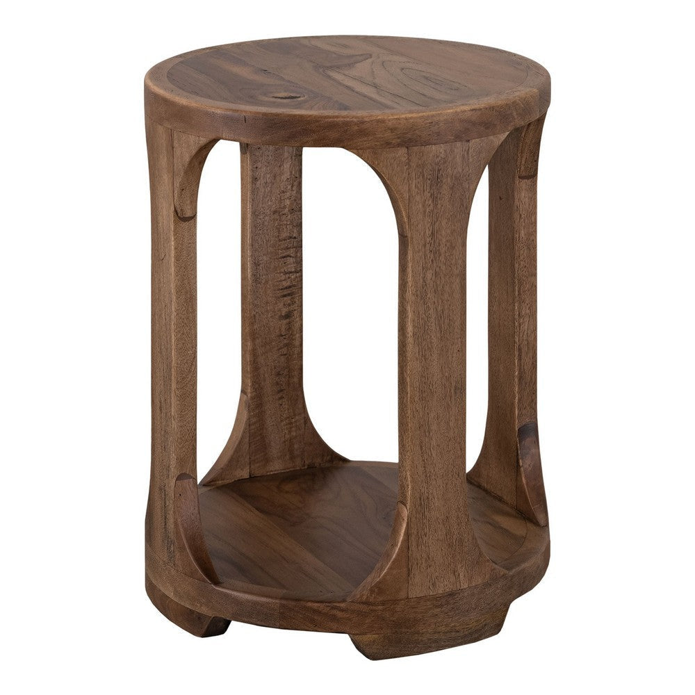 Eray Chairside Table, Drum Shape, Light Brown Teak, Mango Wood, 18 In