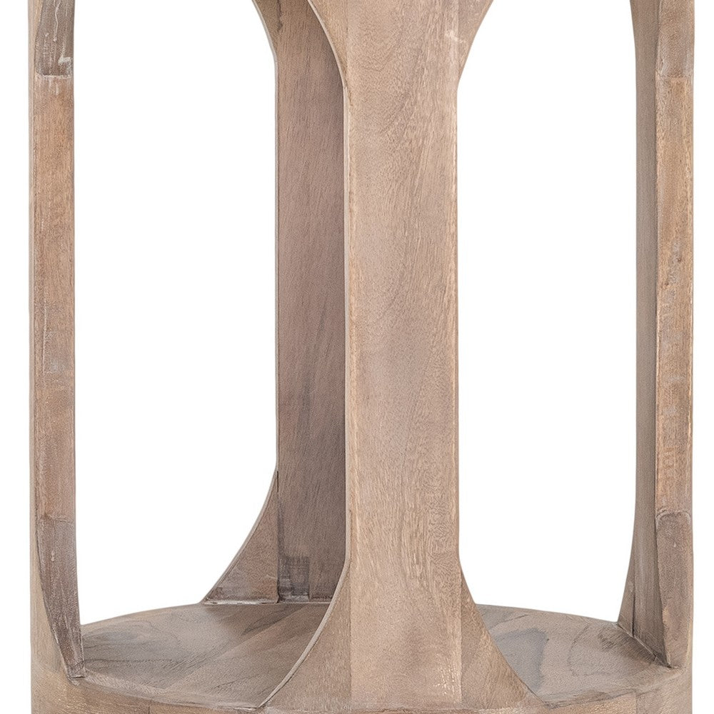 Eray 18 In Round Side Table w Shelf, Light Brown Teak, Mango Wood