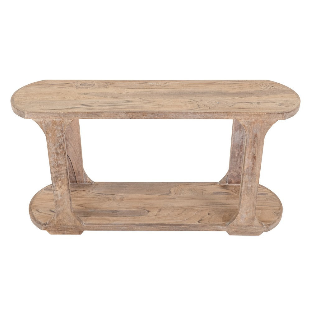 Eray 59 Inch Sofa Console Table w Shelf, Oblong Frame, Brown Teak Wood
