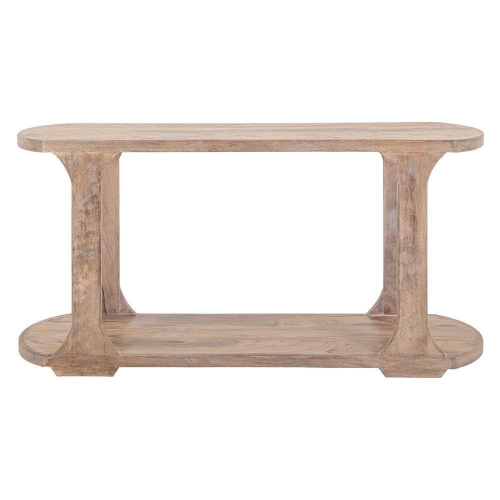 Eray 59 Inch Sofa Console Table w Shelf, Oblong Frame, Brown Teak Wood