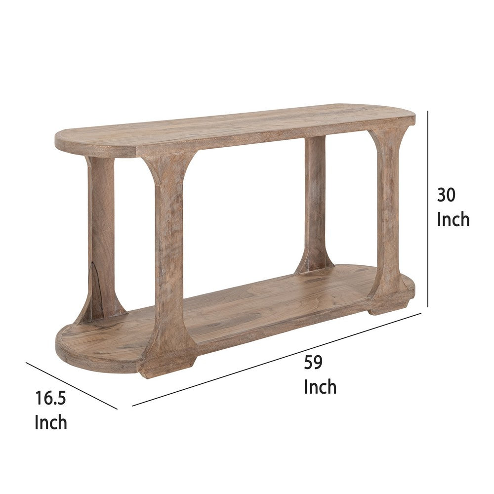 Eray 59 Inch Sofa Console Table w Shelf, Oblong Frame, Brown Teak Wood