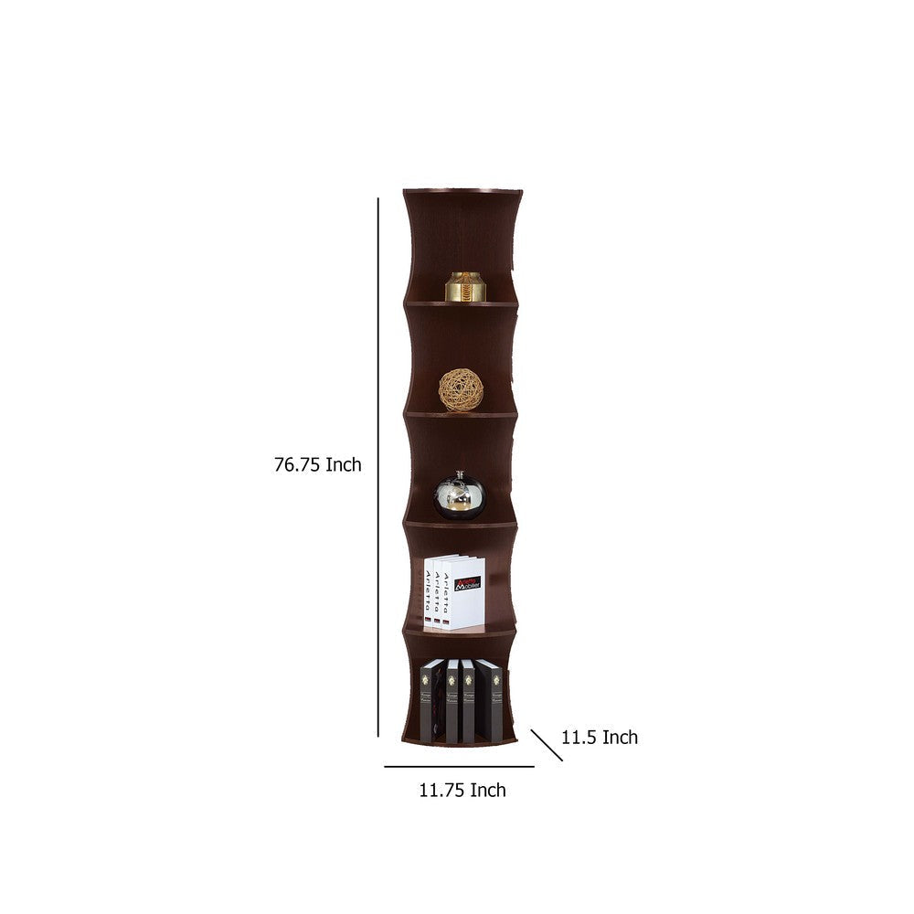 Corner Bookcase, 5 Storage Shelves, 77 Inch Tall, Red Cocoa Brown