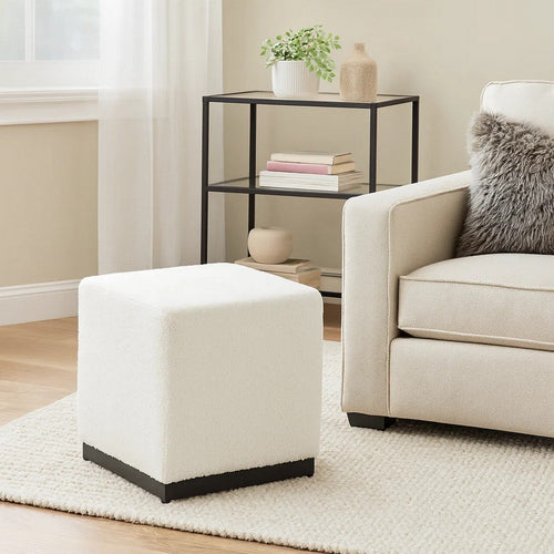 Sem Round Accent Ottoman, Cream White Chanel Stitched Boucle 18 Inch