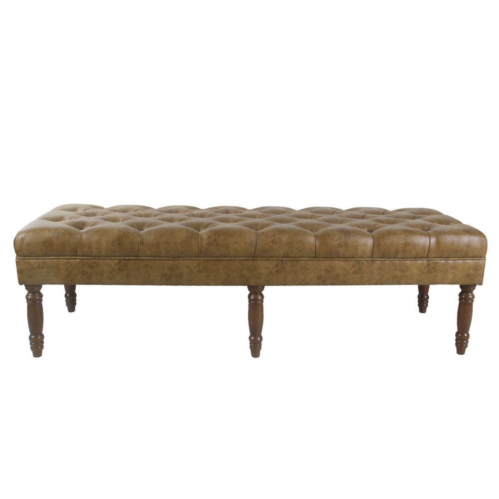Accent Dining Bench, 64 Inch Brown Faux Leather Seat, Button Tufted