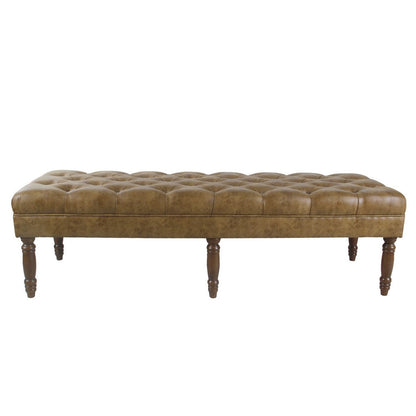 Accent Dining Bench, 64 Inch Brown Faux Leather Seat, Button Tufted