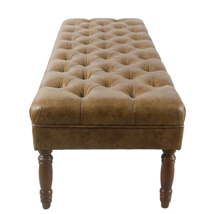 Accent Dining Bench, 64 Inch Brown Faux Leather Seat, Button Tufted