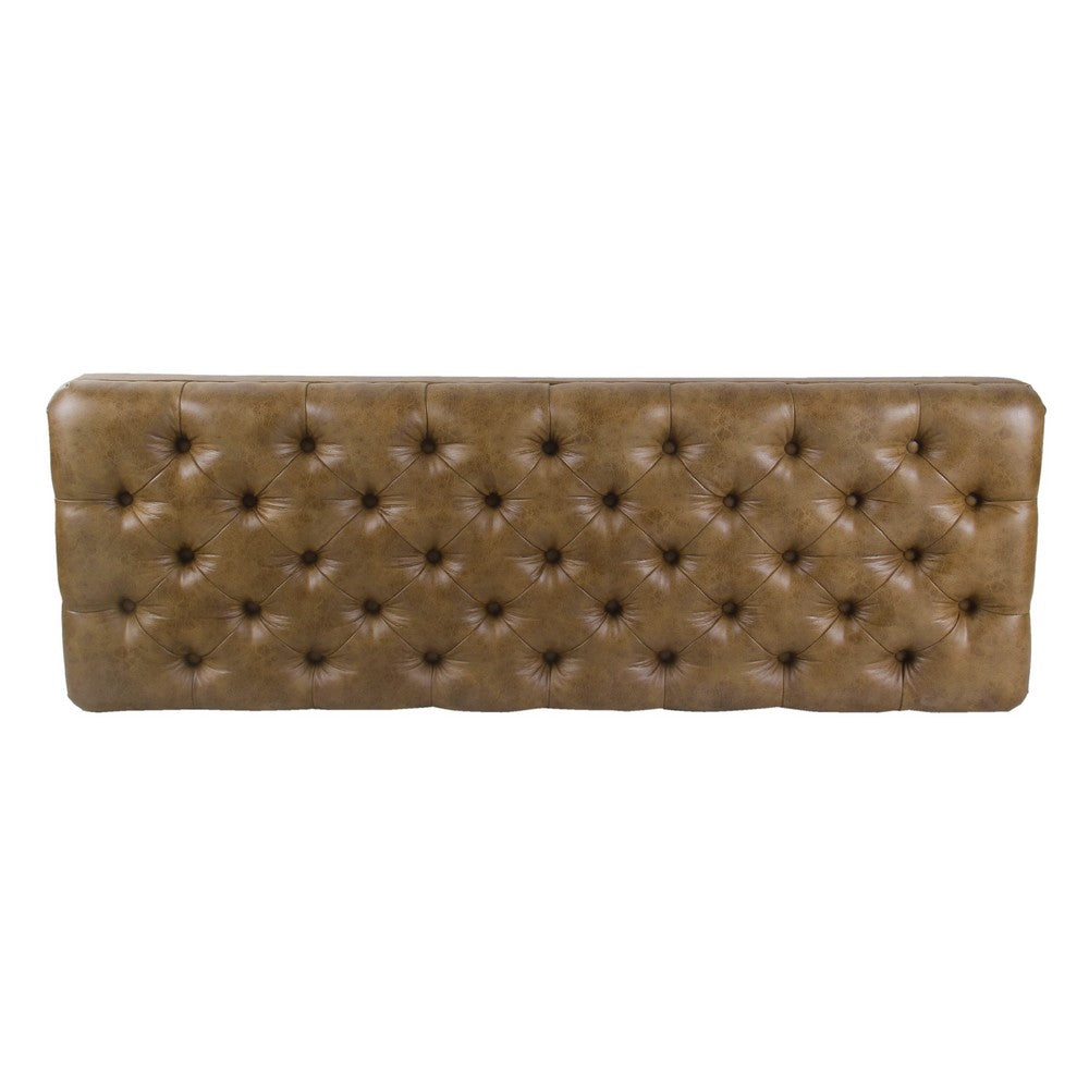 Accent Dining Bench, 64 Inch Brown Faux Leather Seat, Button Tufted