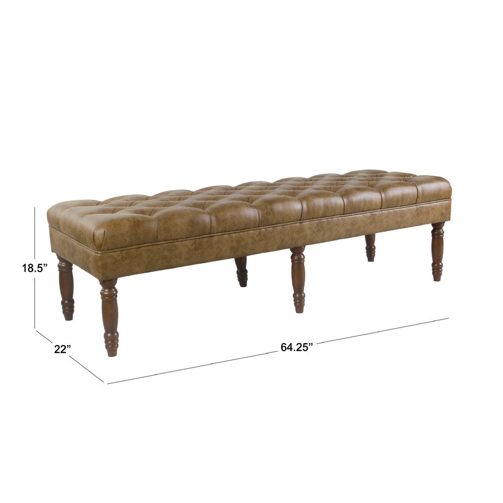 Accent Dining Bench, 64 Inch Brown Faux Leather Seat, Button Tufted