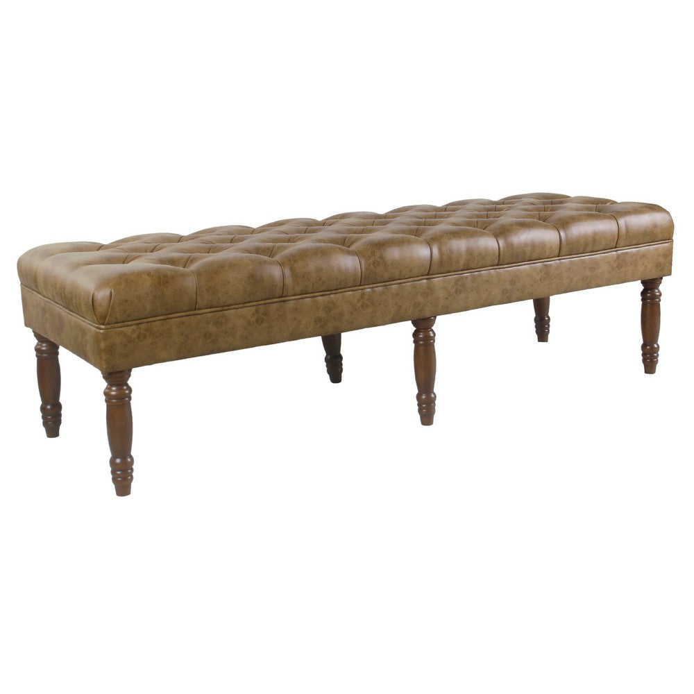 Accent Dining Bench, 64 Inch Brown Faux Leather Seat, Button Tufted