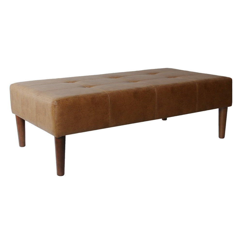 Coffee Table Ottoman, Brown Wood and Tufted Faux Leather, 46 Inch