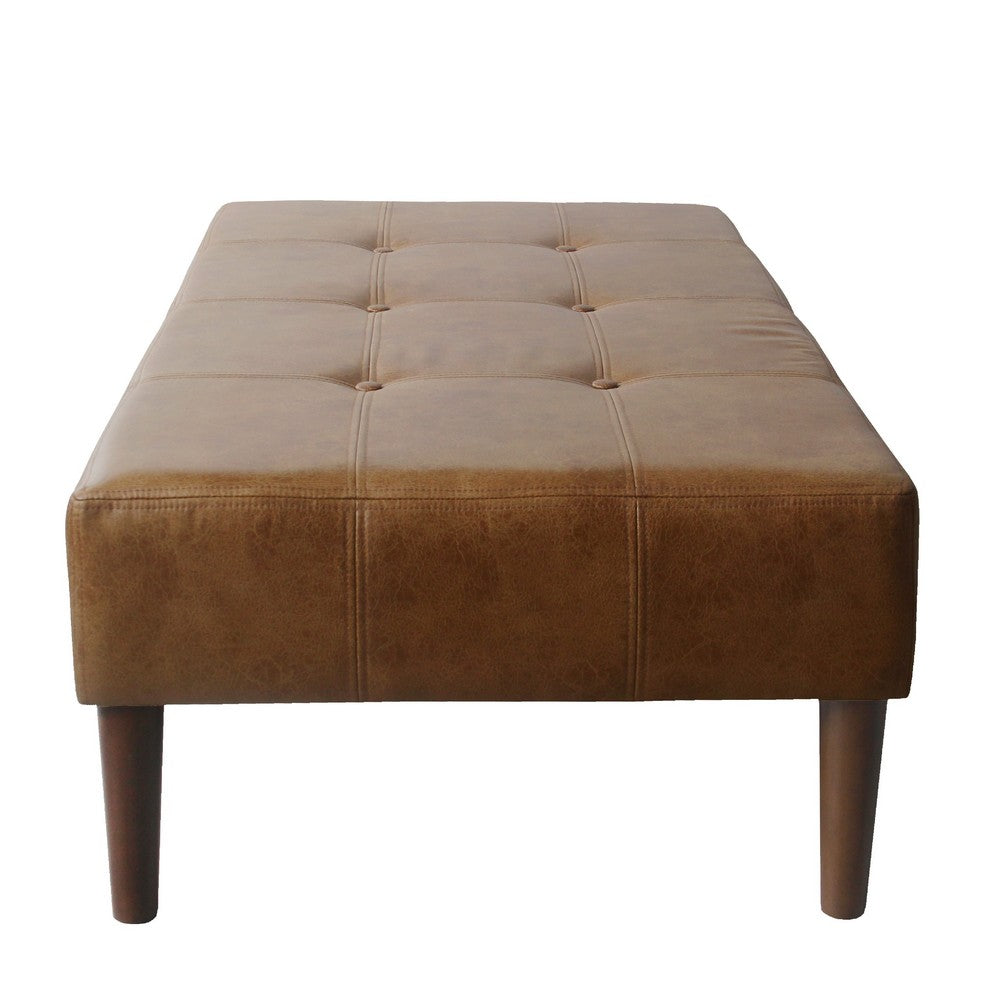 Coffee Table Ottoman, Brown Wood and Tufted Faux Leather, 46 Inch