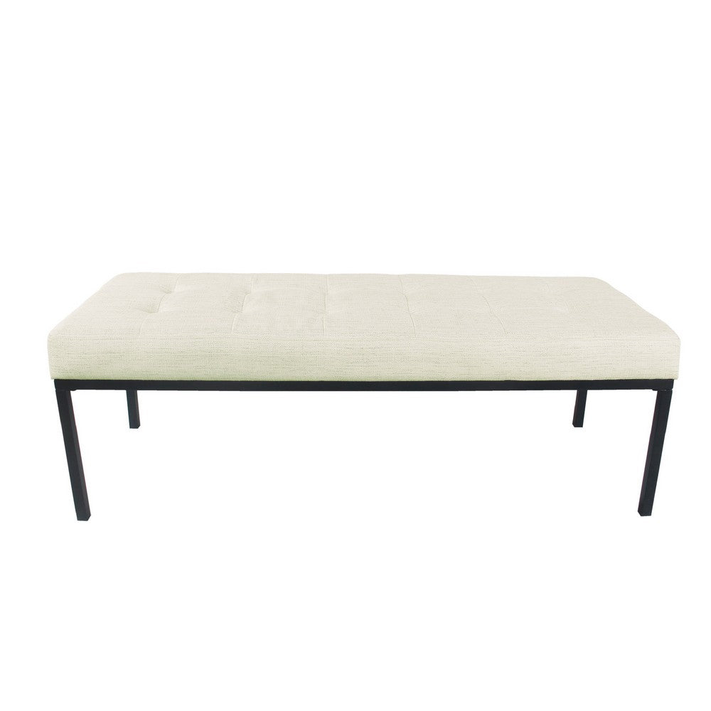 Alp Bench, Black Open Metal Frame, Cream Woven Tufted Fabric 54 Inch