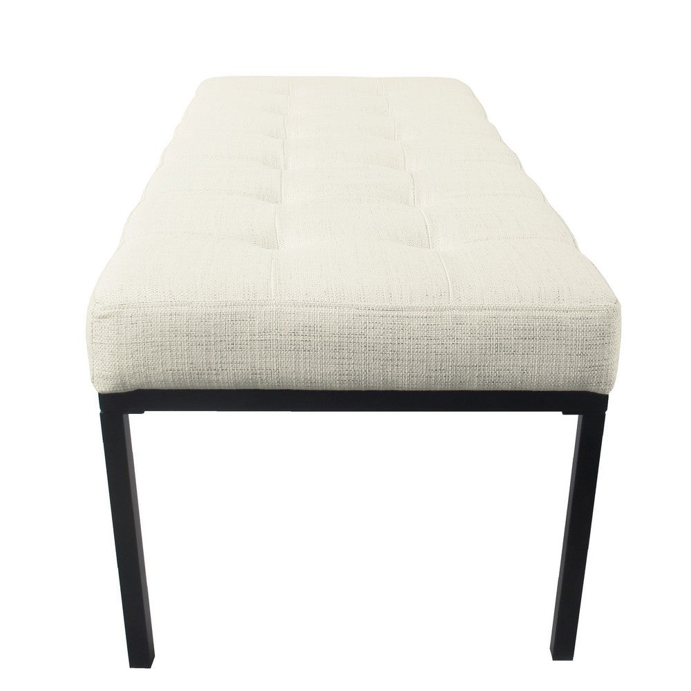 Alp Bench, Black Open Metal Frame, Cream Woven Tufted Fabric 54 Inch