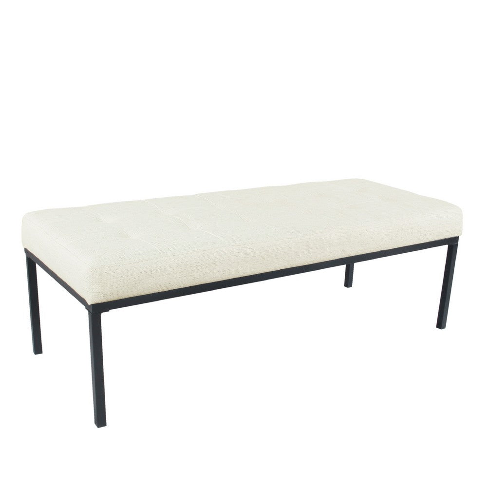 Alp Bench, Black Open Metal Frame, Cream Woven Tufted Fabric 54 Inch