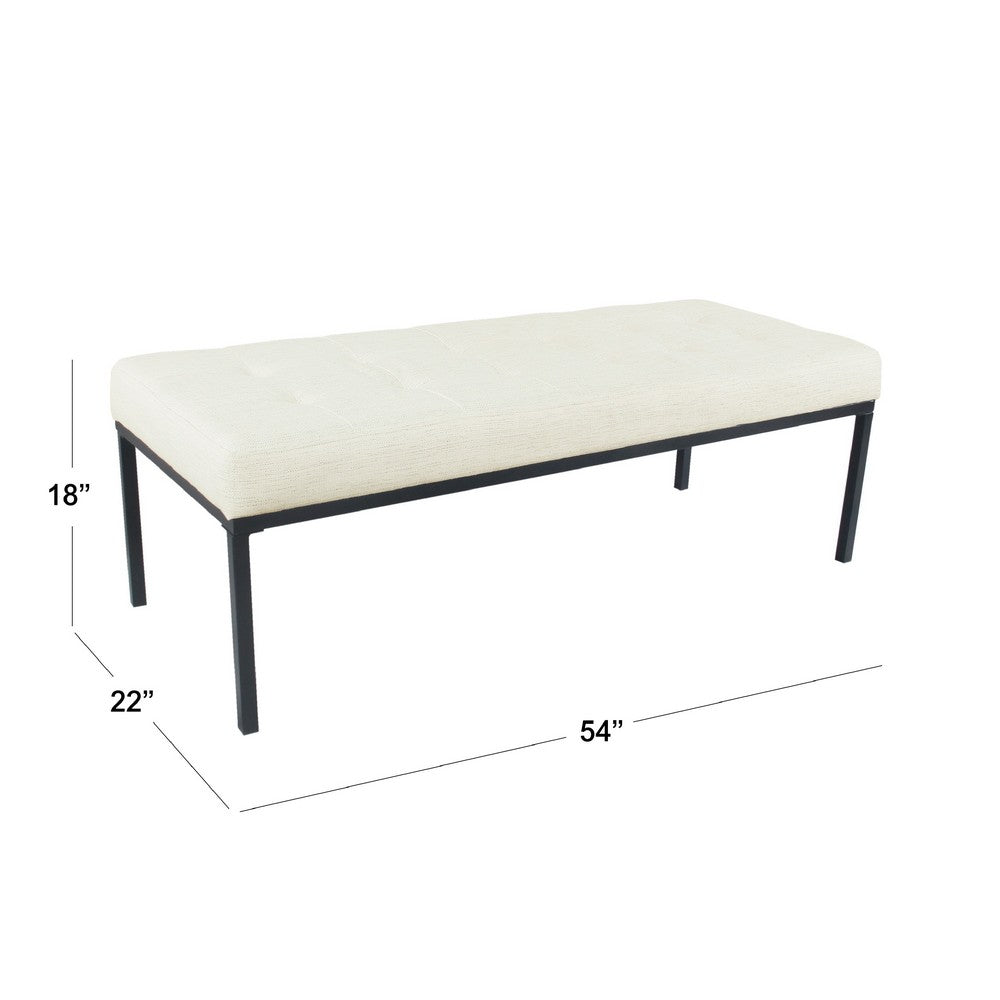 Alp Bench, Black Open Metal Frame, Cream Woven Tufted Fabric 54 Inch