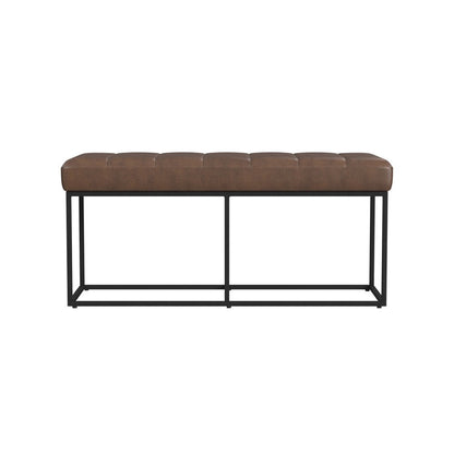 Kai Bench, Open Metal Frame, Brown Channel Stitch Faux Leather 43 Inch