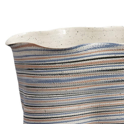 Kerya Decorative Vase, 13 Inch White Blue Striped, Wavy Rim Porcelain