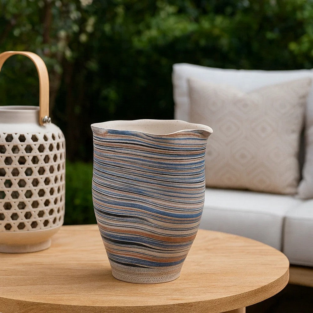 Kerya Decorative Vase, 13 Inch White Blue Striped, Wavy Rim Porcelain