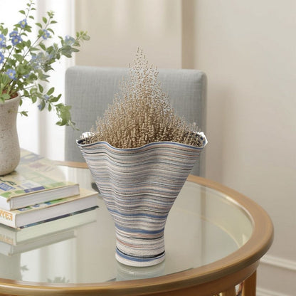 Kerya Decorative Vase, 16 Inch White Blue Striped, Wavy Rim Porcelain