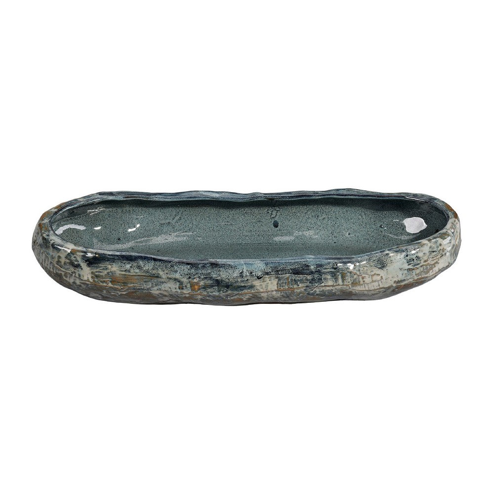 Erya Decorative Bowl, Uneven Wavy Rim, 24 Inch Glazed Gray Ceramic